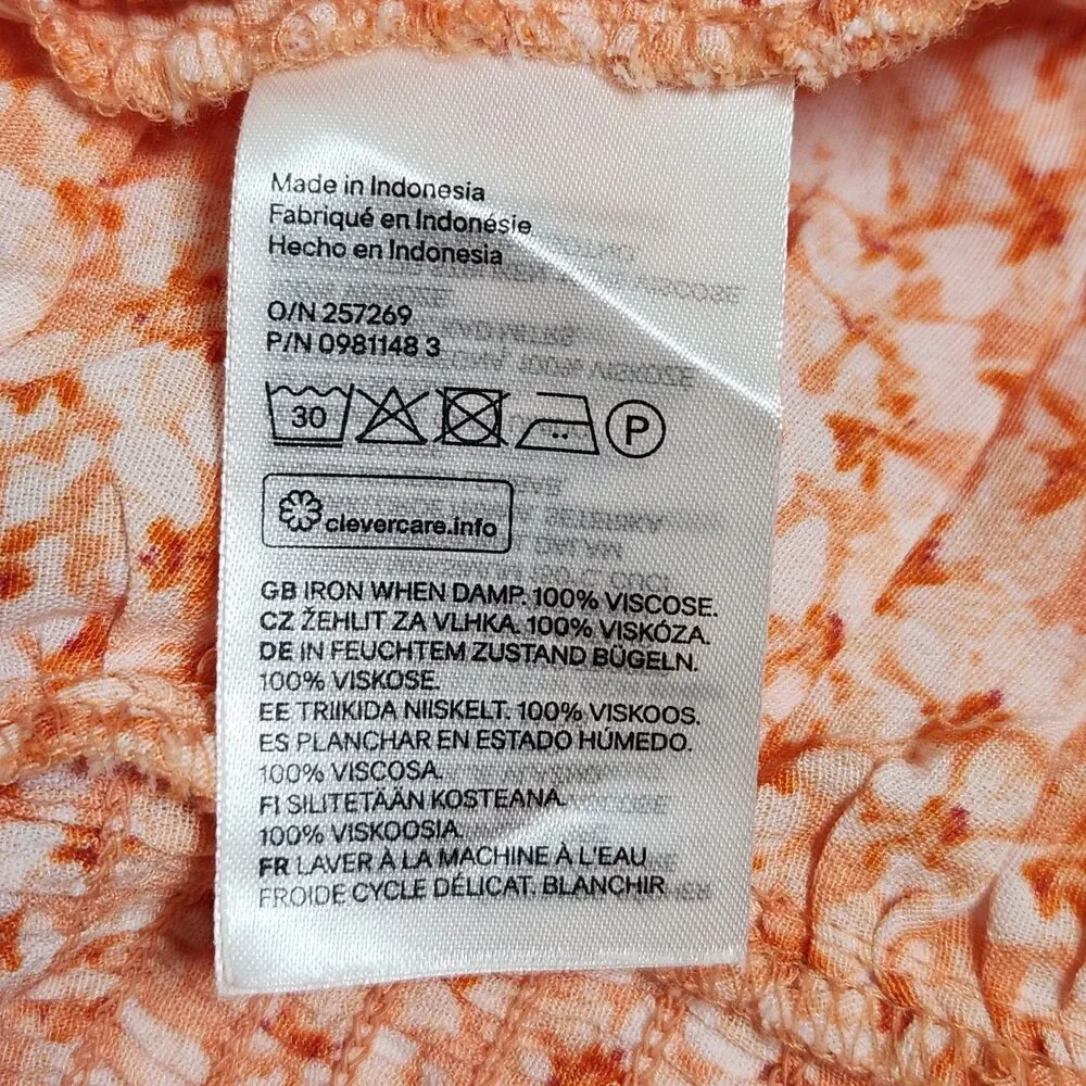 H&M Ruched Front Puff Sleeve V-Neck Crop Top Orange Ditsy Floral M Cottagecore